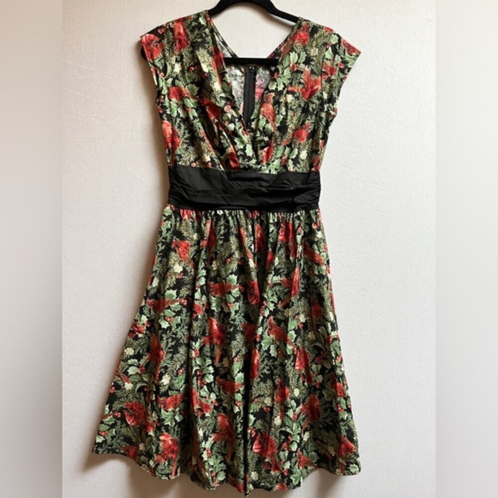 Retrolicious red cardinal bird floral mural fit & flare midi dress Sz S